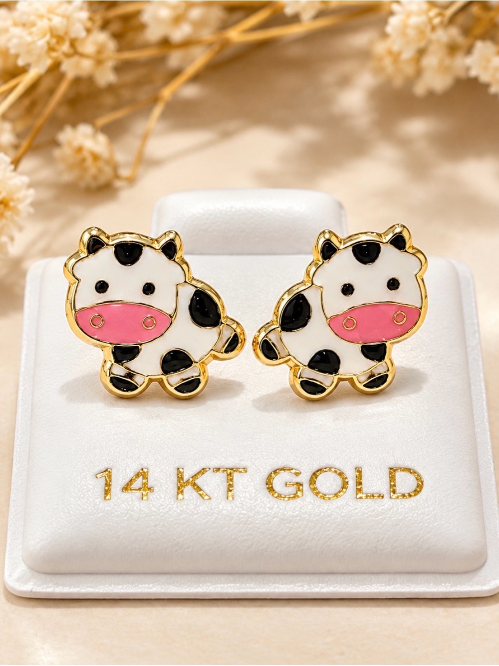 14K Karat Cow Yellow Gold Earring with ball backing Screwback